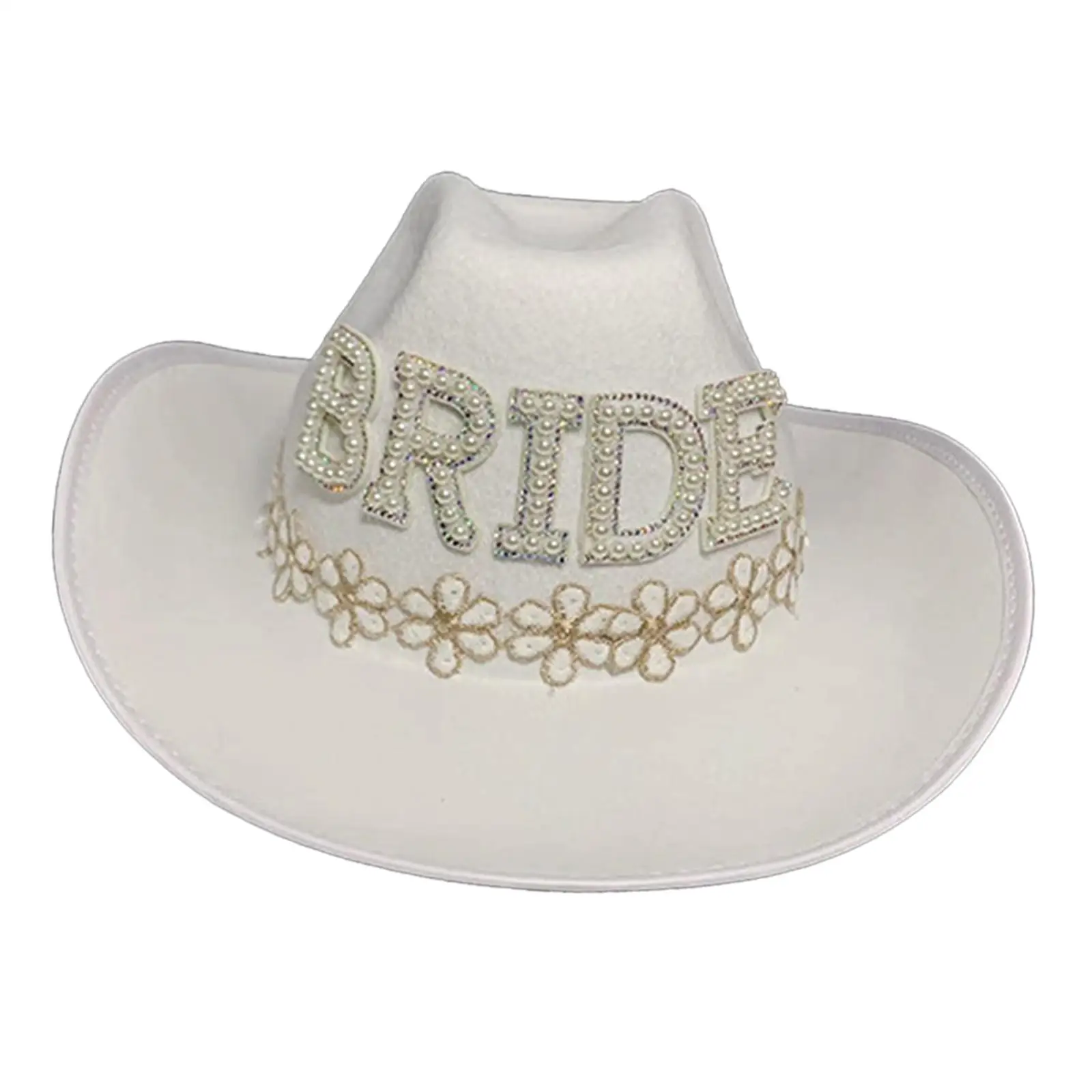 Western Women Cowboy Hat, Flower Applique Beaded Party Hats, Bride Wedding Hat for Holiday Costume Dress up