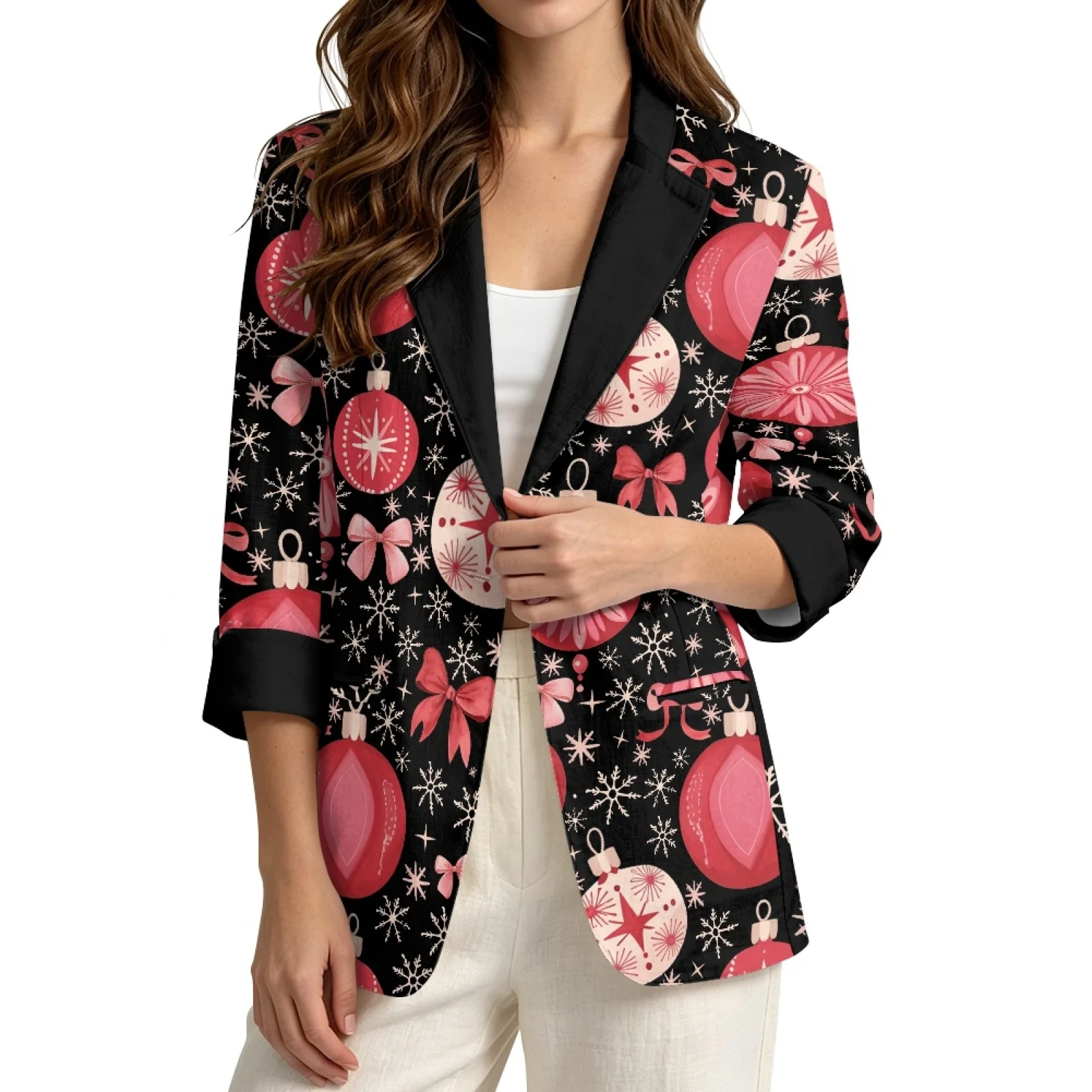 PENSTROLL Christmas Bauble Print Linen Style Open Front Tops Versatile Outerwear for Women Casual Beach Coverups