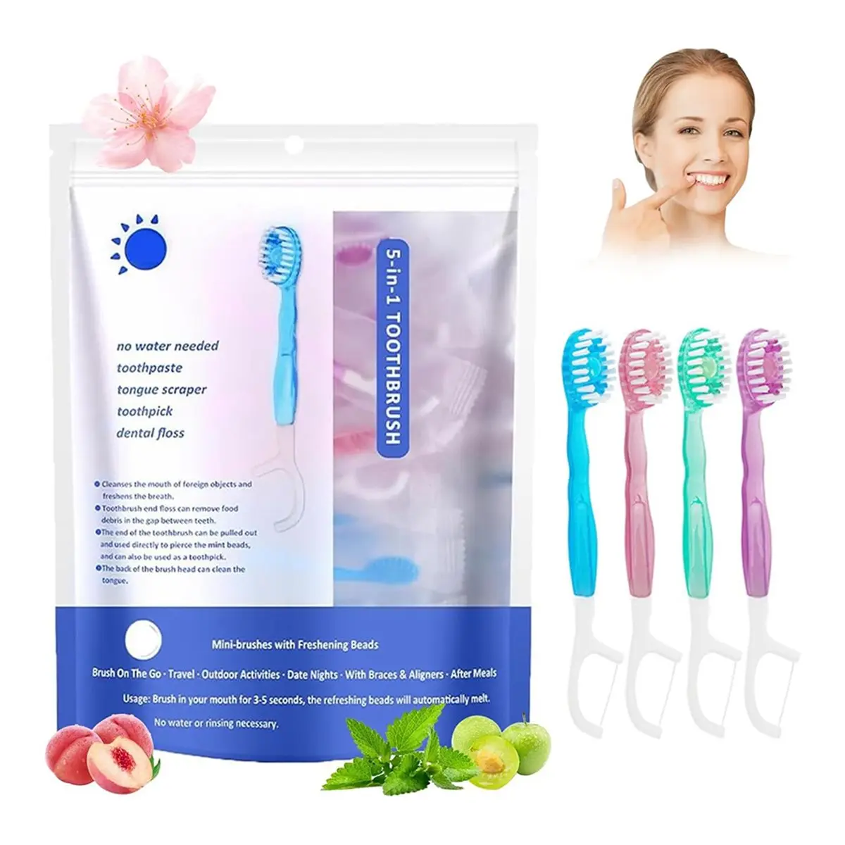MALL 5 in 1 Toothbrush & Floss, 26Pcs Mini Toothbrushes with Toothpaste, 5-in-1 Convenient Mini Disposable Toothbrush