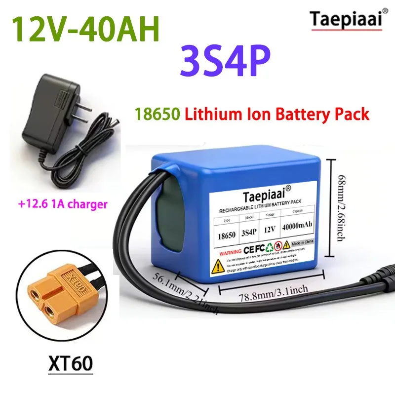 

12V Battery Pack Rechargeable 18650 Lithium with BMS 40AH for Solar, LED Light,Tools Power Supply, Long Cycle Life with Charger