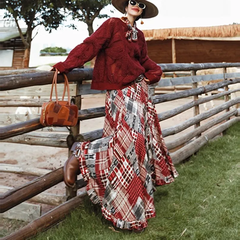 TIYIHAILEY-Dames Lange Maxi Rok Elastische Taille Laag Plaid Gedrukt Mode 2025, Nieuwe Dames Onregelmatige Herfst Winter Rokken