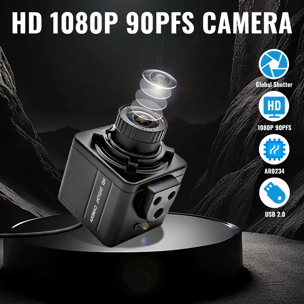 WGWK 1080P 90FPS Global Shotter USB Camera High Frame AR0234 Industrial Metal Box Fixed Focal Lens Without Blur Mini Webcam