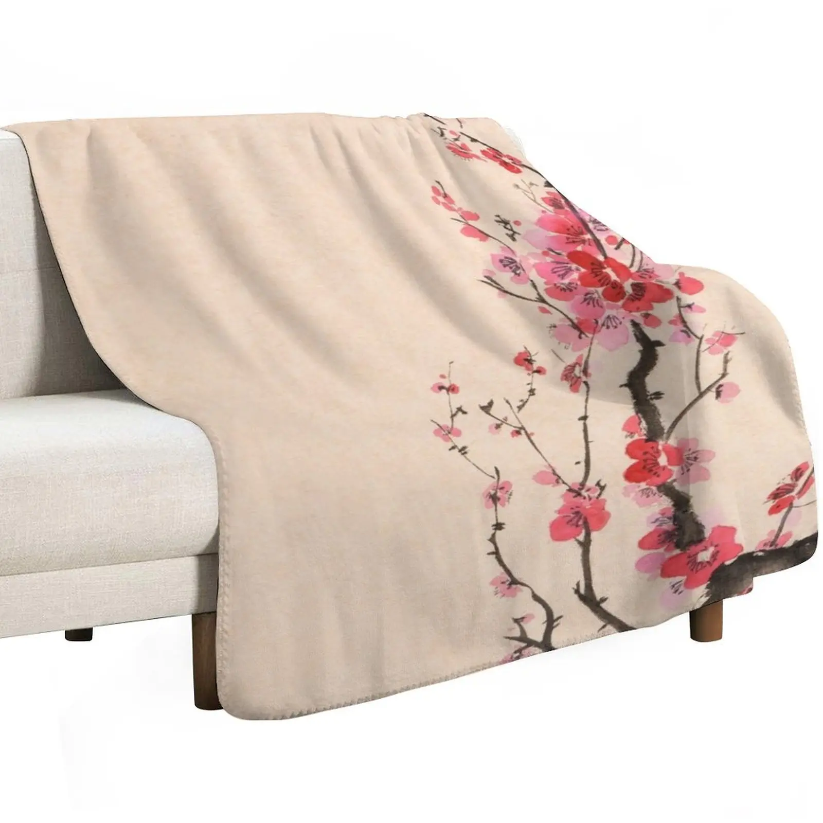 Japanese sumi-e ink painting of an iconic plum blossom branch with red flowers on beige background art print Throw Blanket