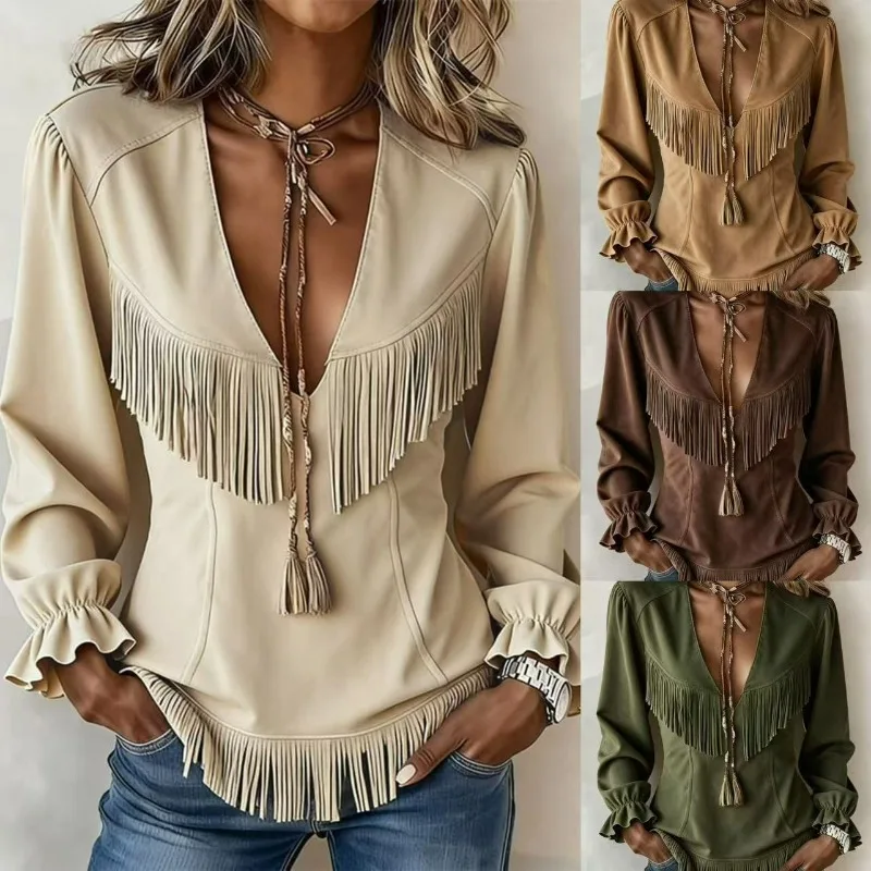 Cross-border Women' Clothing Autumn and Winter New Retro V-neck Solid Color Fringed Suede Long-sleeved Top Exquisite Personality