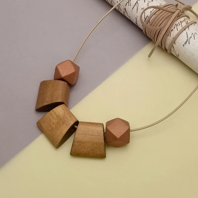 Women's Boho Chic Natural Wood Geometric Pendant Necklace with Wax Cord Handmade Irregular Vintage Bohemian Jewelry for Women