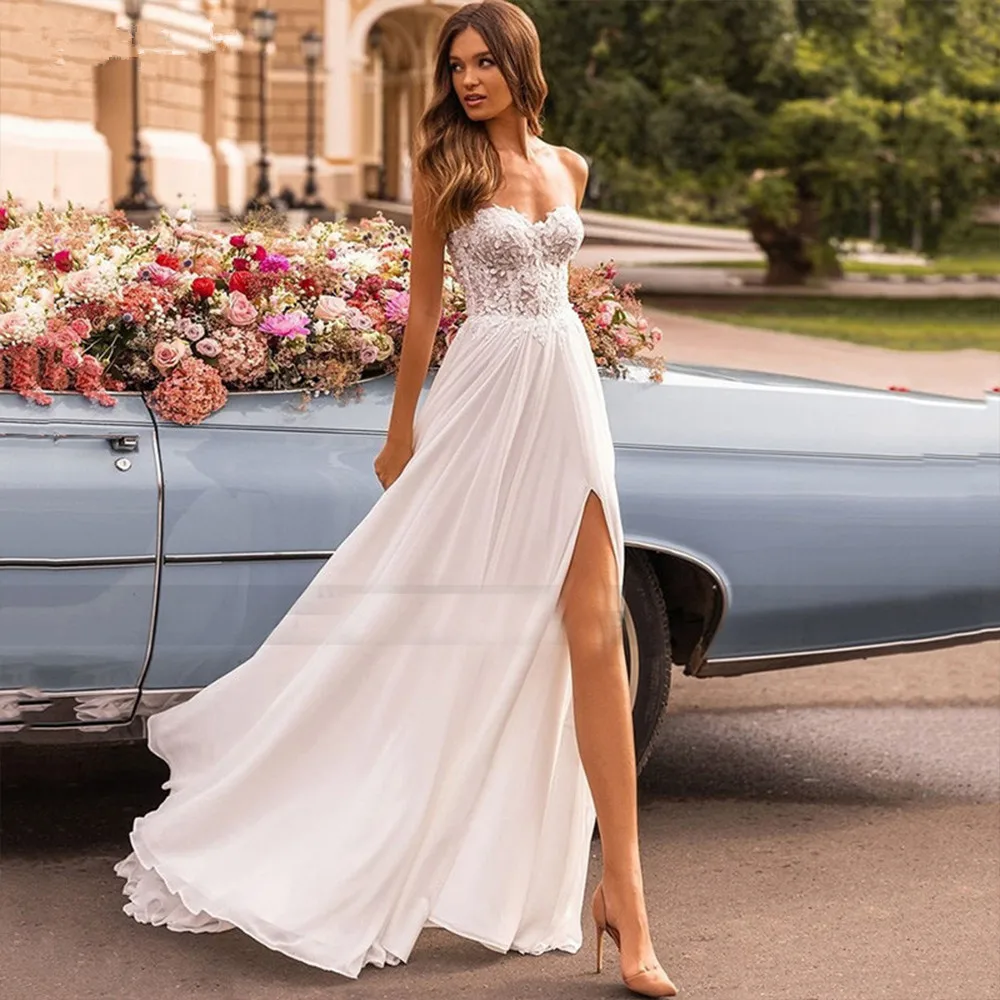 

Beach Sweetheart Wedding Dress Srapless Slit Side Chiffon Sexy Backless Lace Applique Bridal Gown Sweep Train Vestido De Noiva