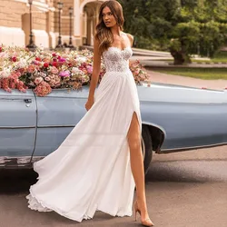 Beach Sweetheart Wedding Dress Srapless Slit Chiffon Sexy Backless Lace Applique Bridal Gown Train Vestido De Noiva Customized