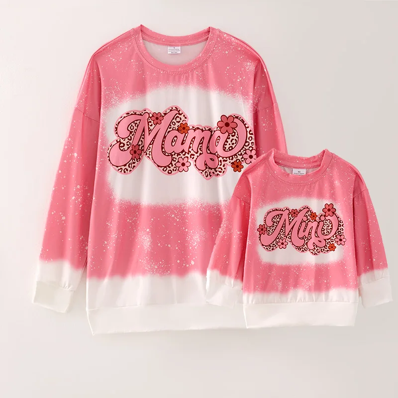 Girlymax Valentine's Day Baby Girls Mommy &me Leopard Mama Mini Boutique Top Bleached T-shirts Kids Clothing O-neck Long Sleeve