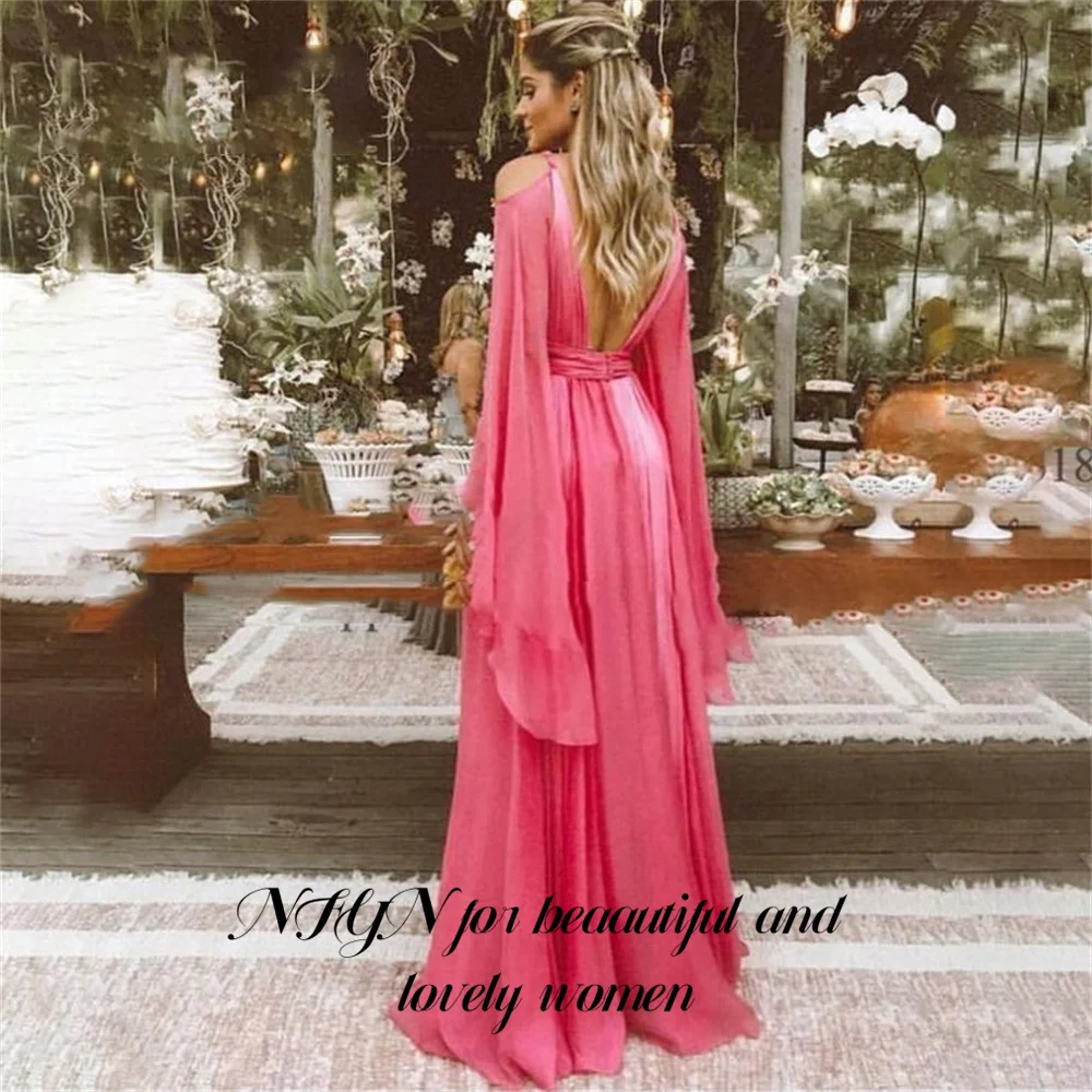 NFYN A Line Prom Dresses Long Full Sleeves Deep V Neck Backless Vestidos Chiffon Long Evening Dress Party For Women Customized