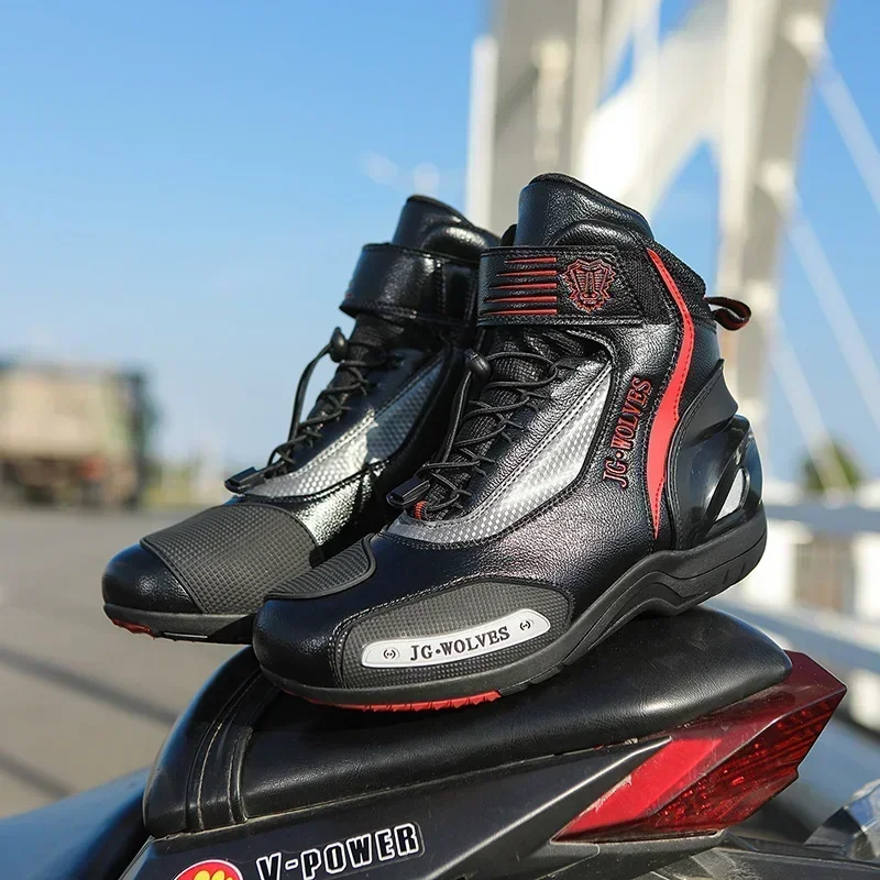 JG.WOLVES Motorcycle Biker Boots for Men and Women Microfiber Anti-collision Ankle Protective Shoes Leather Racing Ankle Boots