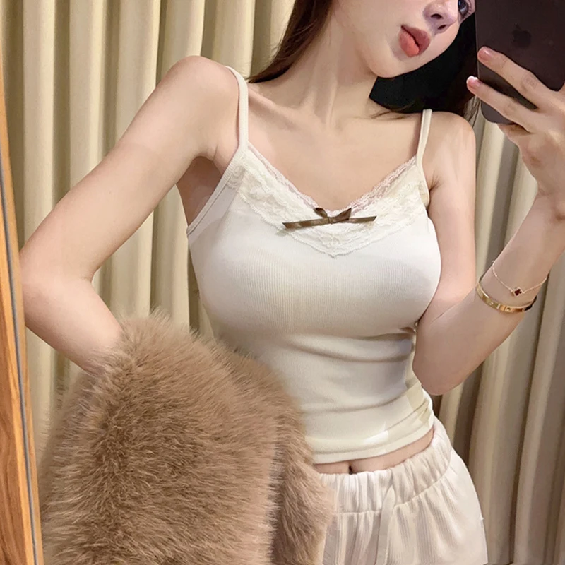 

Knitted Crop Top Female Solid Color Sling Tops Knitwear Tank Top Sexy Slim Camisole Sleeveless Tops Vest For Women Sweet Bow