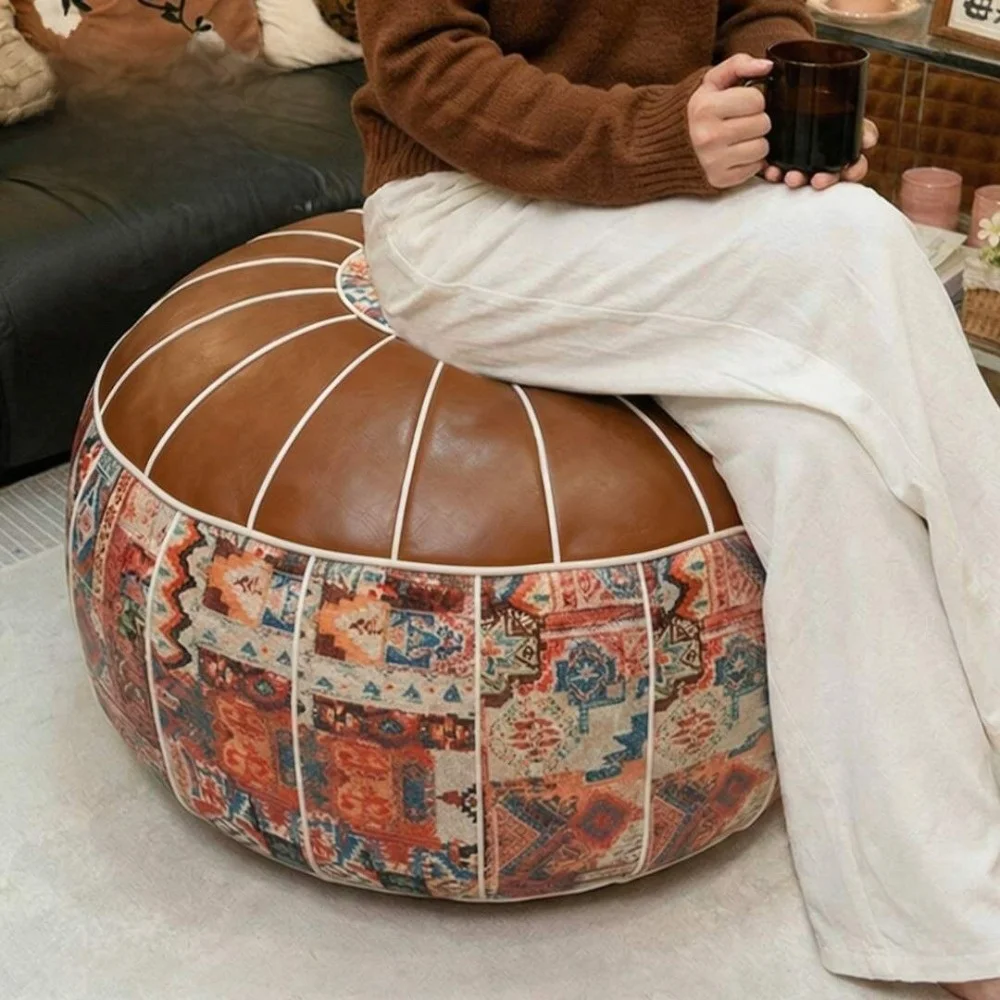 New Boho Pattern Ottoman Pouf PU Leather Fillable Design Footstool Cover Large Opening Water Resistant Round Pouf Cover Home Use