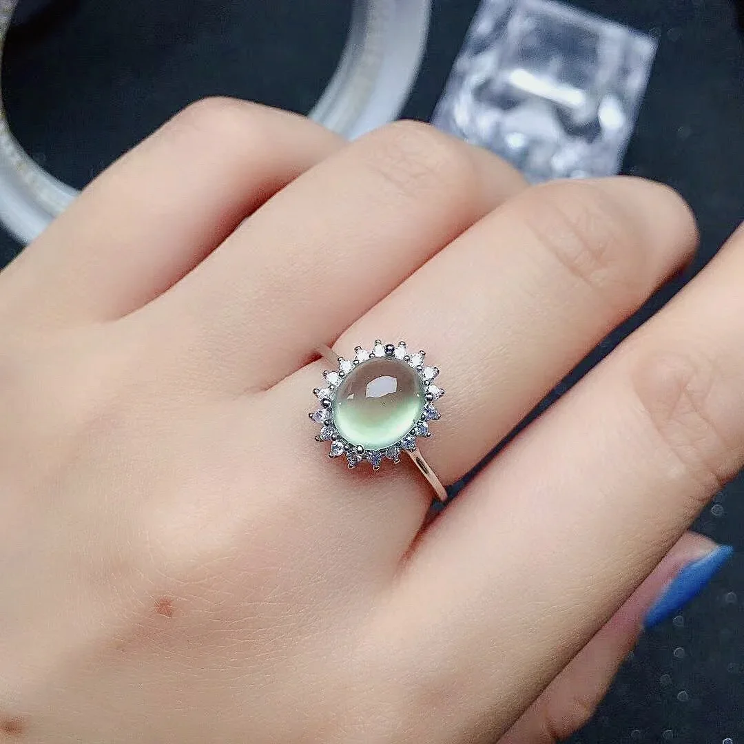 Classic Prehnite Silver Ring for Daily Wear 7mm*9mm Natural Prehnite Ring Solid 925 Silver Prehnite Jewelry