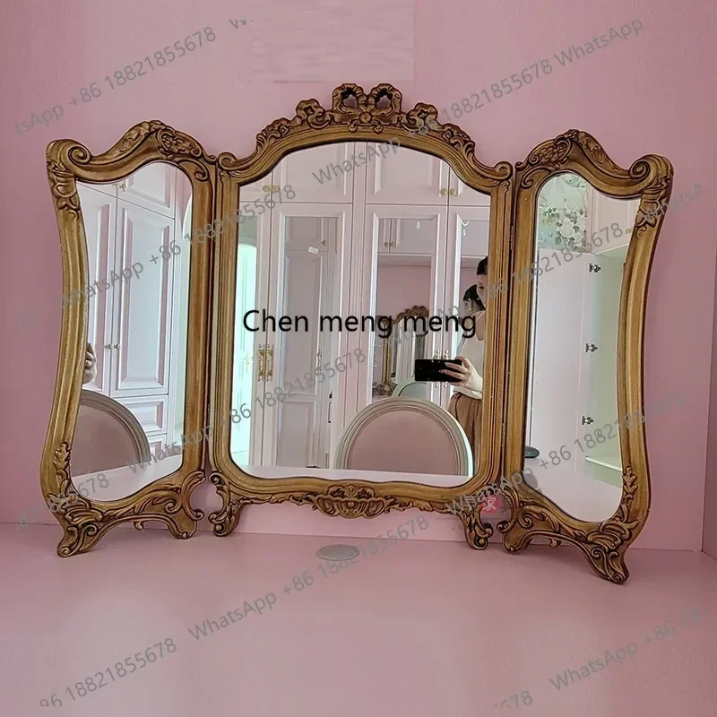 M183 European makeup tri-fold mirror classical folding vanity mirror wall-mounted carved three-sided mirror