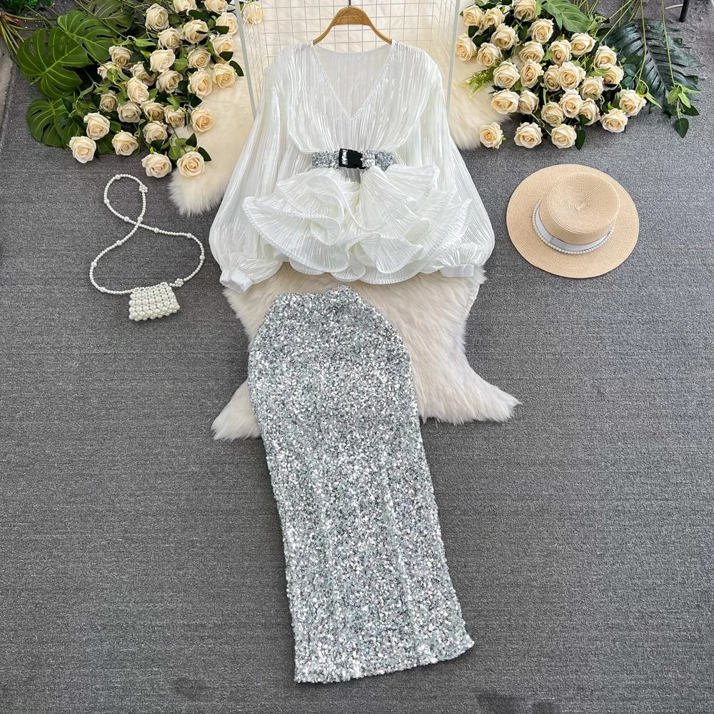 

Faionable Long Sve V-Ne Lantern Sve irt And High Waist Sequin Skirt Set for Women Ele Quali Ensemble
