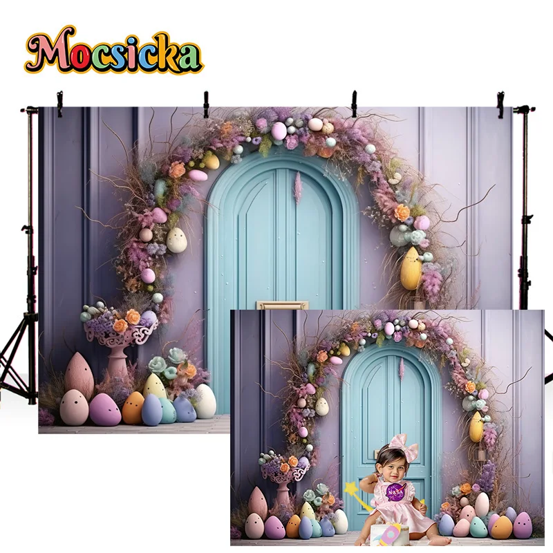 Mocsicka Spring Photography Backdrop Easter Party Eggs Floral Wooden Door Background Kids Happy Birthday Cake Smash Photo Props