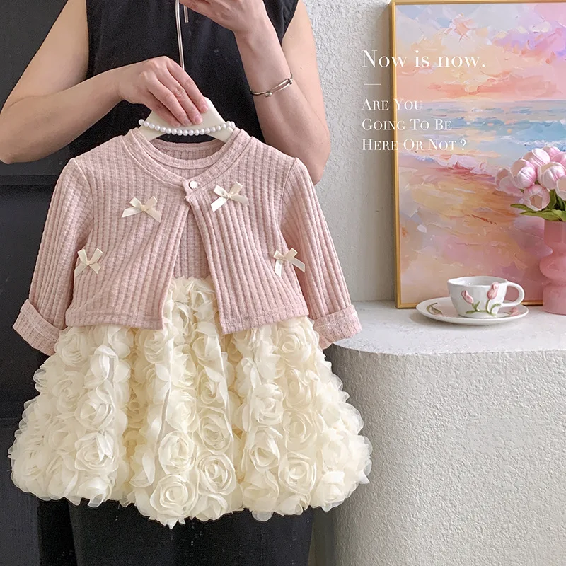 

Girls' Spring and Autumn New Style Elegant Cardigan Bow Sleeveless Three-Dimensional Flower Princess Dress Two-Piece Set
