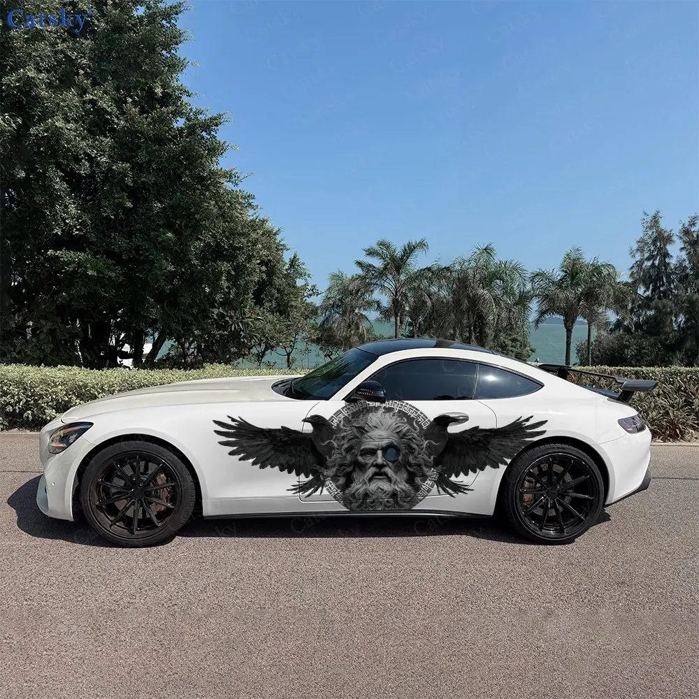 2pcs Ravens With Elder Circular Rune Car Side Wrap, Self-Adhesive PVC Waterproof & Scratch-Resistant Sticker, Car Accessory Gift