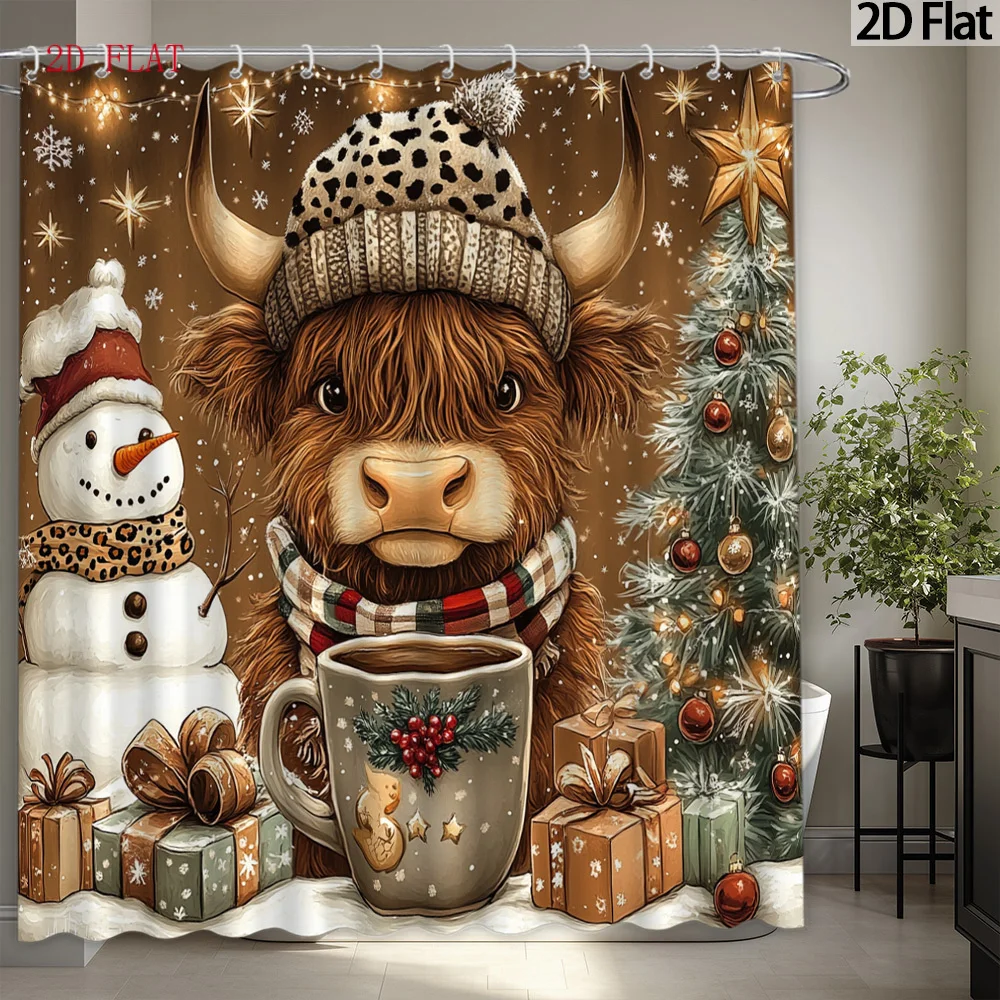 2D Flat, 2D Flat, 1pc 2D Flat, Large-Sized Shower Curtain with Scottish Highland Cow Christmas Theme, Including Winter Snow Scenes, Snowmen, And Gift Patterns - Thickened