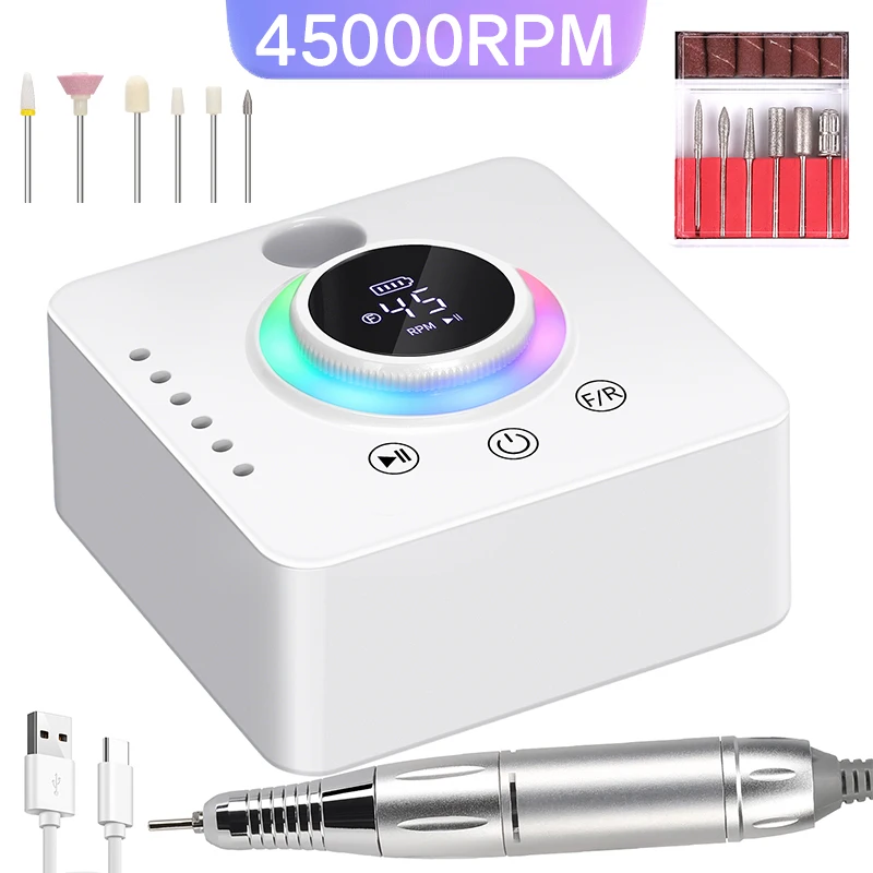 المهنية 45000 دورة في الدقيقة الكهربائية المحمولة آلة حفر الأظافر مع قاعدة قابلة للشحن منخفضة الضوضاء مسمار ساندر ملف لصالون مانيكير #1