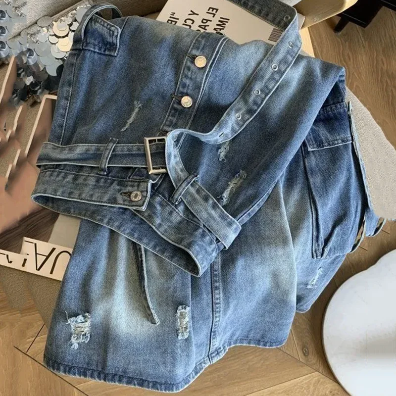 Broken Hole Denim Skirt loose Workwear Denim Skirt Summer New Versatile Denim Skirt Women's High Waisted Slim Mid length Skirt