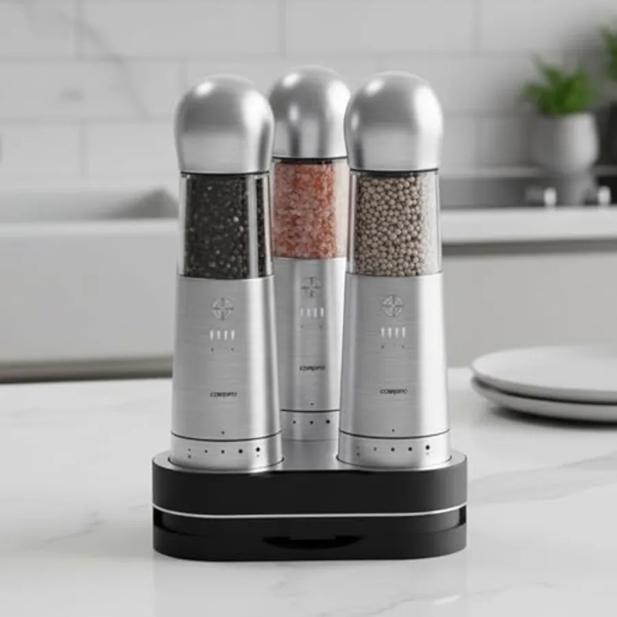 

Electric Salt and Pepper Grinder Set of 3 with Wireless Charging Base Stainless Steel Rechargeable Automatic Pepper Mill Adjust