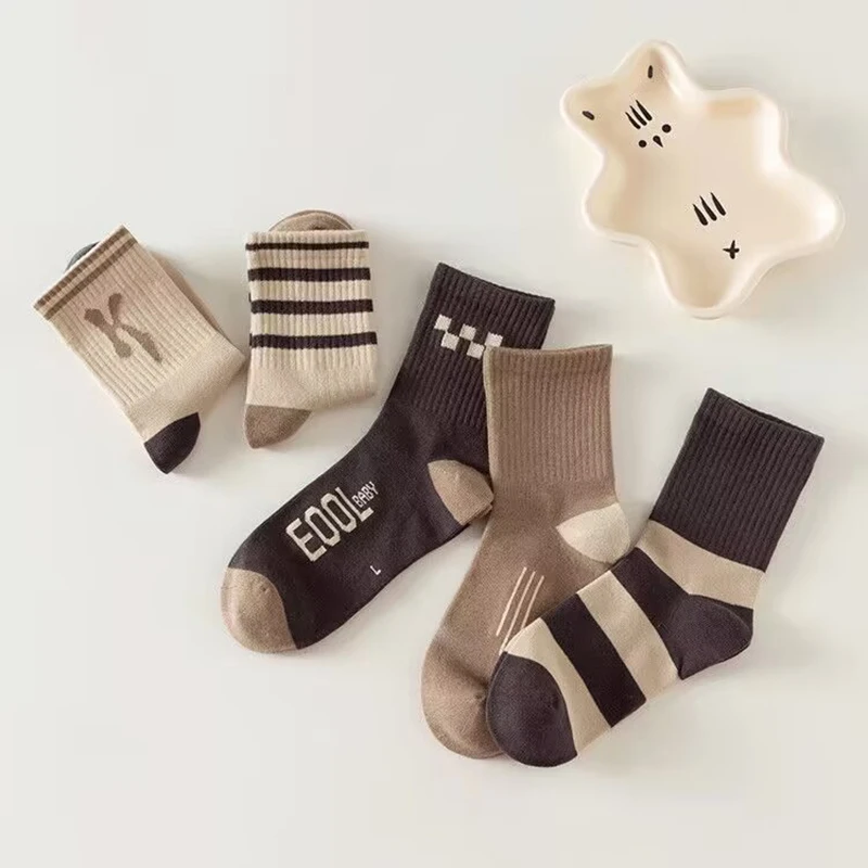 5Pair Autumn Kids Cotton Socks Fashion Stripe Letter Boys Sports Sock Soft Warm Children Middle Tube Sock Baby Footwear 2-12Year