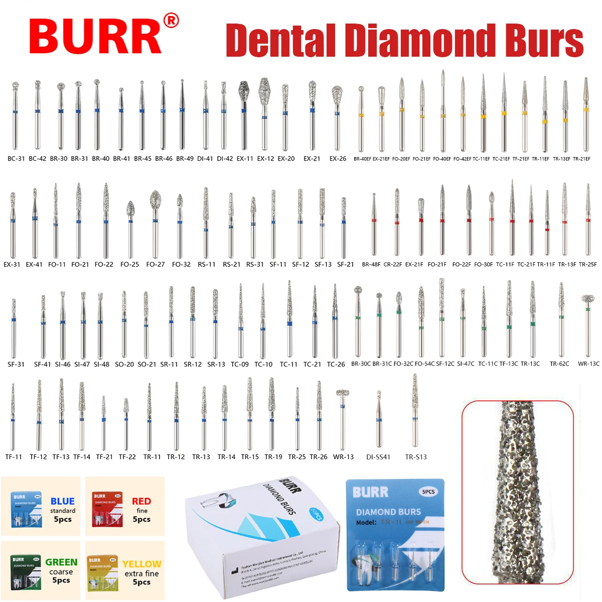 Dental Diamond Burs Teeth, Agulhas de Aço Inoxidável, Broca de Polimento, Alta Velocidade Handpiece, Ajuste para Diâmetro 1.6mm, 97 Tipos, 5Pcs por Pacote