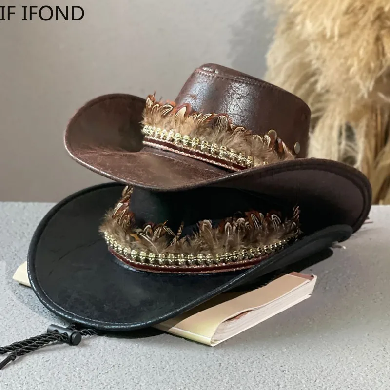 Autumn Winter Fashion Men Western Cowboy Hat Faux Leather Dad Gentleman Jazz Caps Vintage  Panama Cowgirl Hat Sombrero Hombre