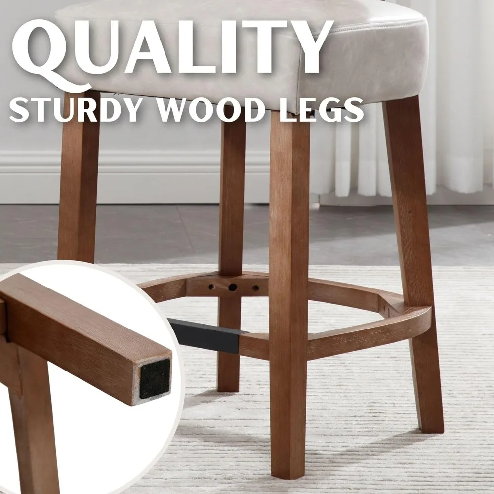 26”Rattan Bar Stools Set of 2 Counter Height Bar Stools Kitchen Counter Stools with Natural Rattan Woven Back,Leather Upholstere