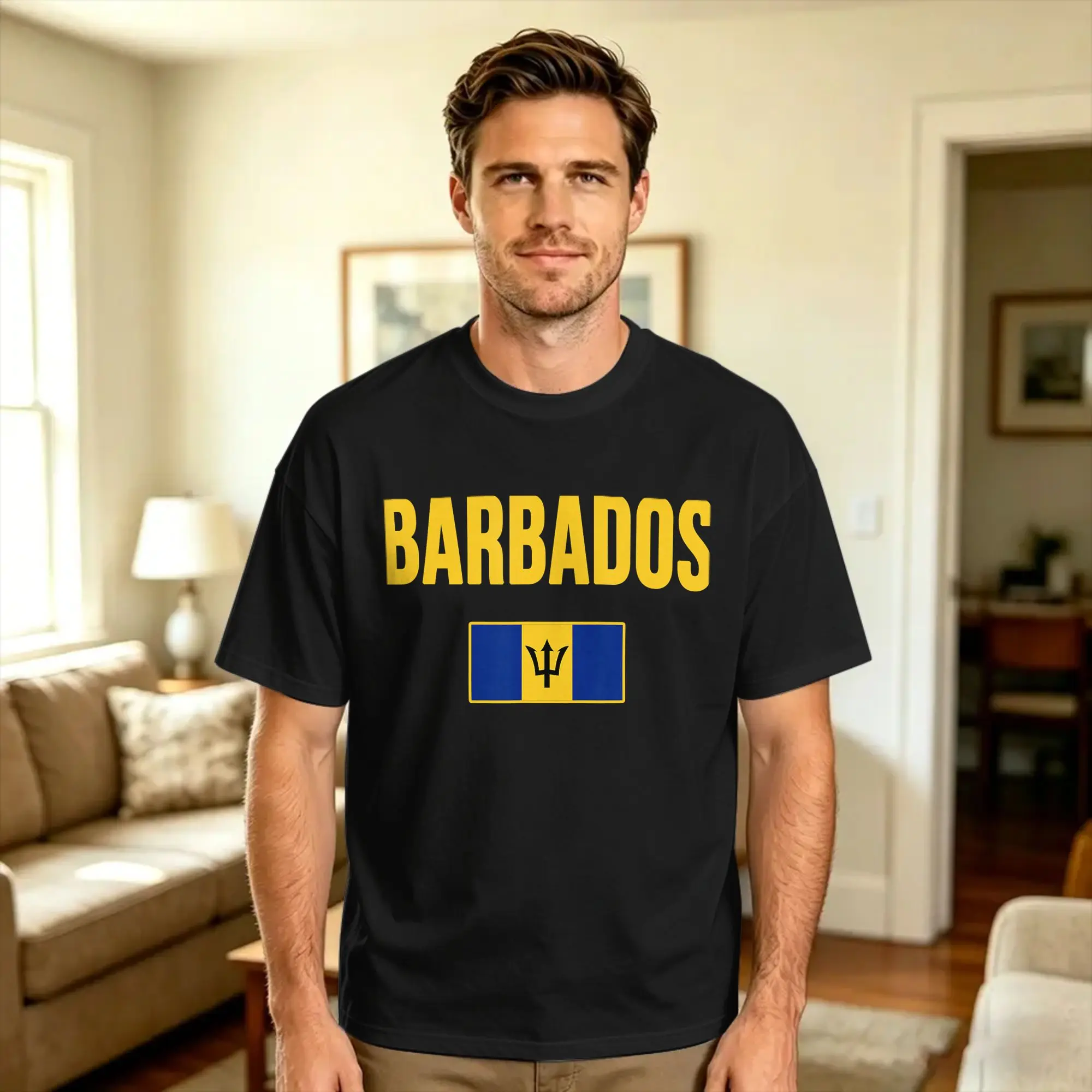Men's Barbados Flag The Broken Trident T Shirts  Cotton Tops Summer Vintage Short Sleeve T-Shirt O-Neck Novelty Loose Tshirt