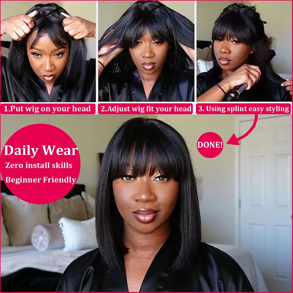 3x1 HD Lace Closure Wig Human Hair Straight Bob Wigs With Bangs Glueless Wig Wear And Go Full Machine Made Fringe Short Bob Wigs