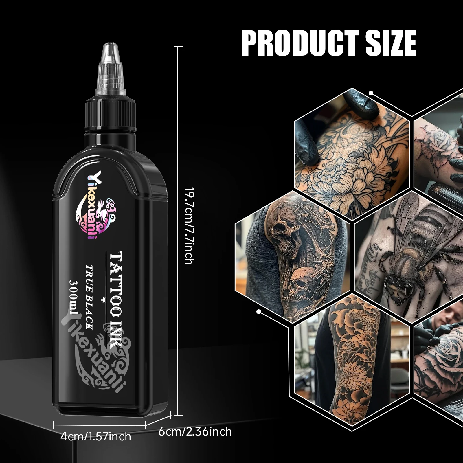 300ml True Black Tattoo Ink, Smooth Flow Pigment for Lining, Shading, Body Art, DIY Practice, Beginners & Professionals
