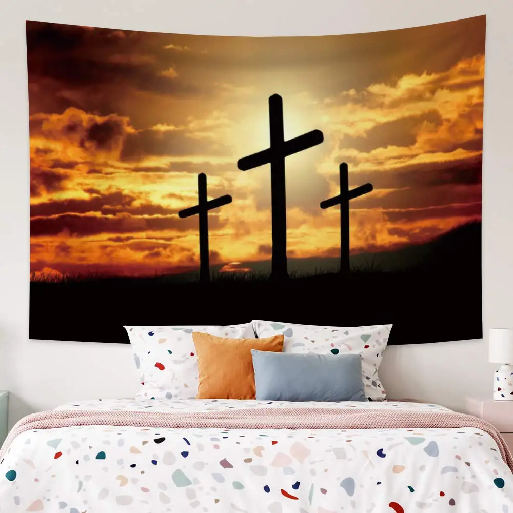 Jesus Christ Cross Sunrise Tapestry Religious Belief Wall Hanging Decor Tapestry for Bedroom Living Room Dorm College Church