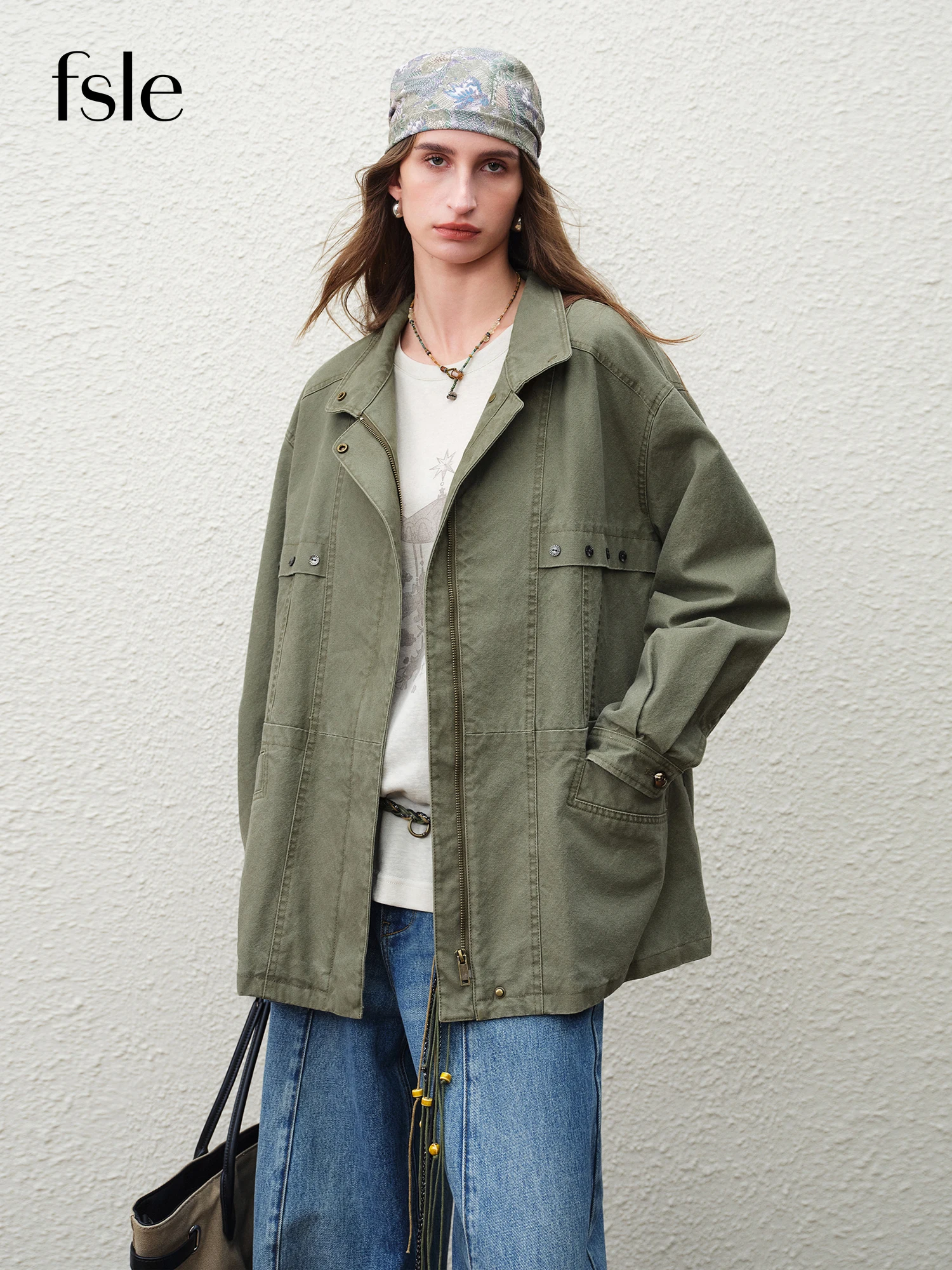 

FSLE【Premium Series】2026 Spring Women Vintage Utility Stand Collar Jacket Retro Cargo Short Coat for Urban Street Oversize Style