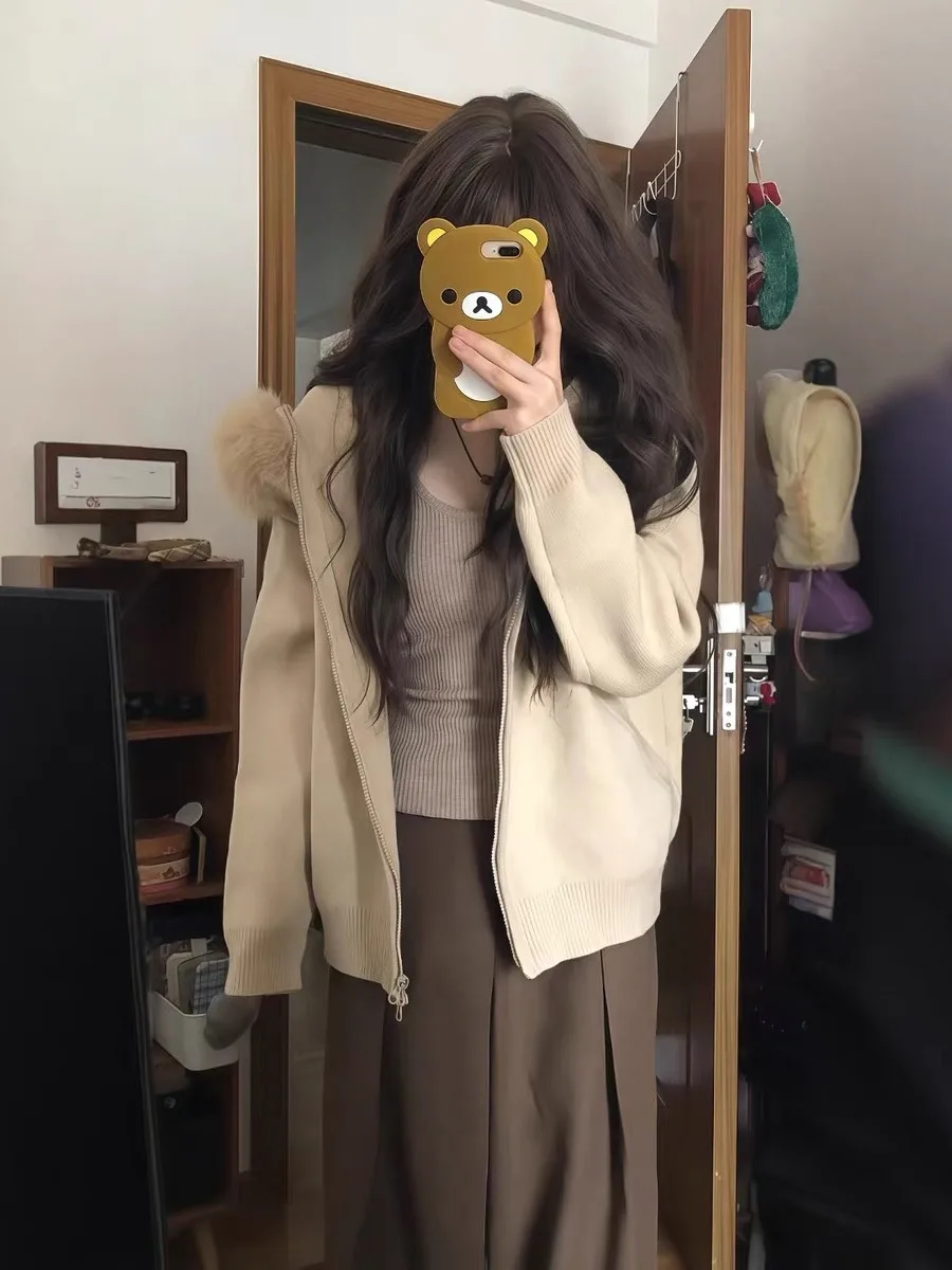 Coreano sle cáqui com capuz camisola de malha casaco feminino outono inverno macio aconchegante aberto cardigan grande gola de pele preguiçoso faion