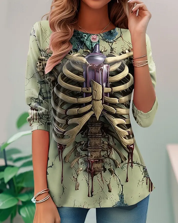 

Women's Halloween 3D Printed Skull Long Sleeve Shirt Autumn Loose Casual Polyester Round Neck Fashion Casual Top