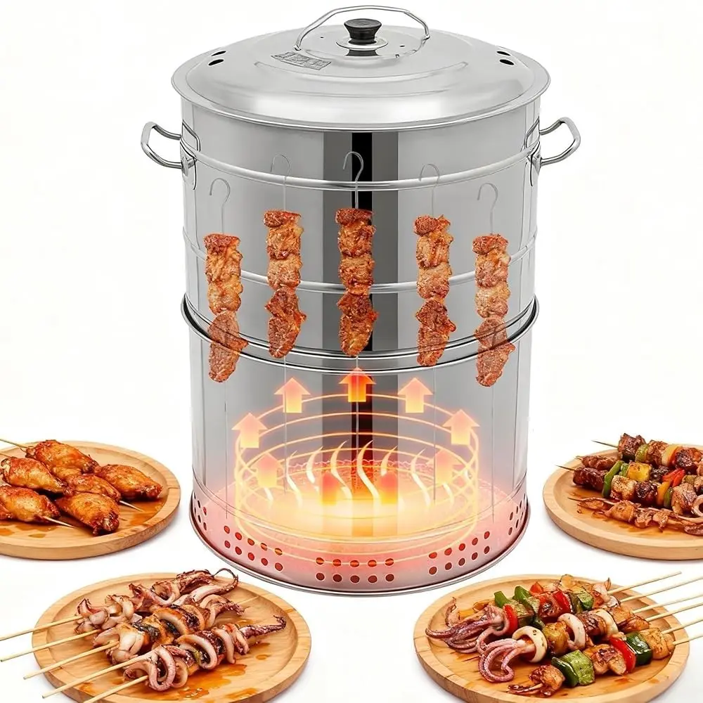 

Large Portable Smokeless Charcoal Grill - 360° Stainless Steel BBQ Barrel with 50 Skewers, Ideal for Camping, Picnics & Backyard
