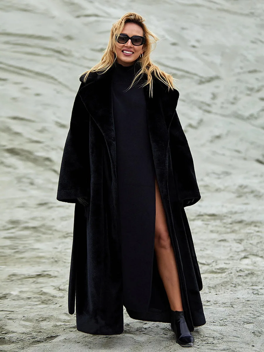 Wolfeel Neue Herbst Winter frauen Elegante Lange Pelzigen Mantel Kerb Revers Krawatte Taille Design Warme Faux Pelz Oberbekleidung