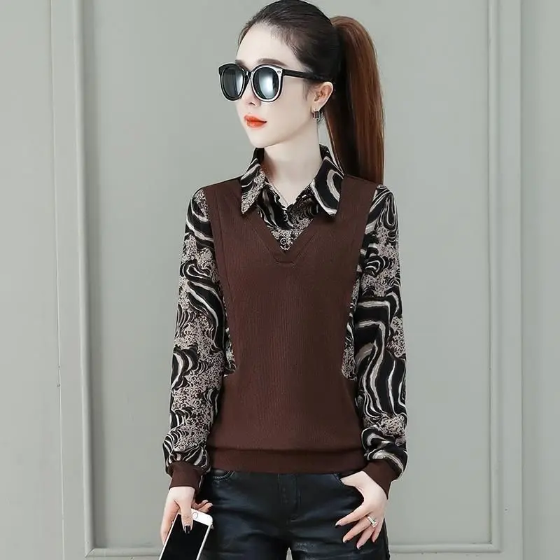 2023 Spring and Autumn New Fake Two Piece POLO Neck Long Sleeve Loose Slim Slim Wild Skin Friendly Comfortable Women's Shirt