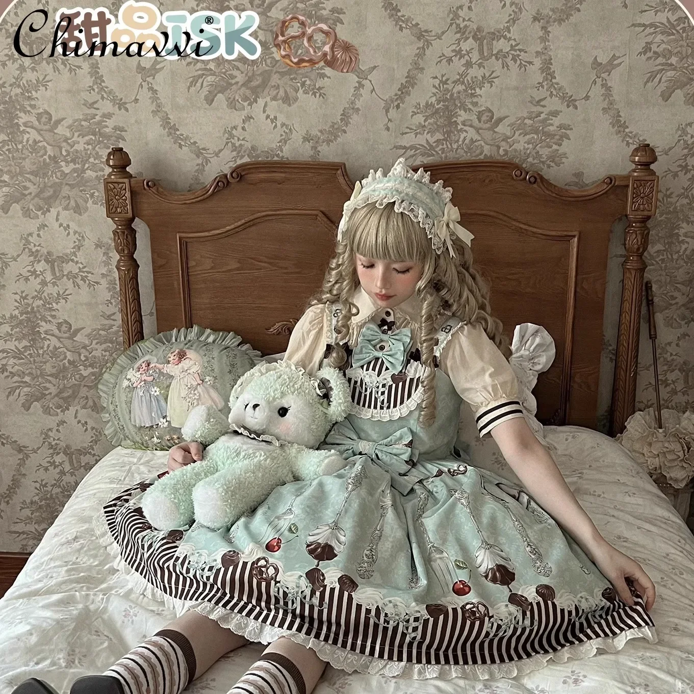 Vestidos de Lolita de diseño Original para niña, vestido Jsk de cintura alta con estampado de lazo bonito, vestidos verdes Kawaii para primavera y otoño