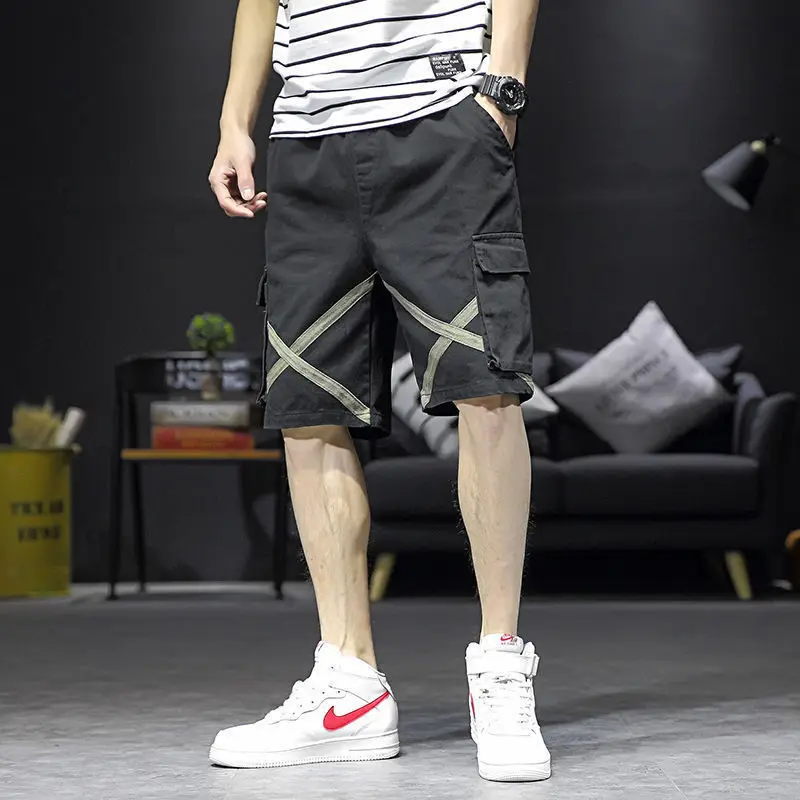 Workwear Shorts Multiple Pockets Men's Summer Korean Version Trend Loose Street Casual Waist Drawstring Fitting Male Short