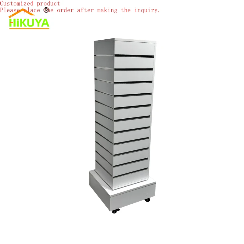 

Custom.HIKUYA Customized MDF Rotated Slatwall Display Stand With Metal 4 Side Display Jewelry Display Stand Rotating Slatwall T