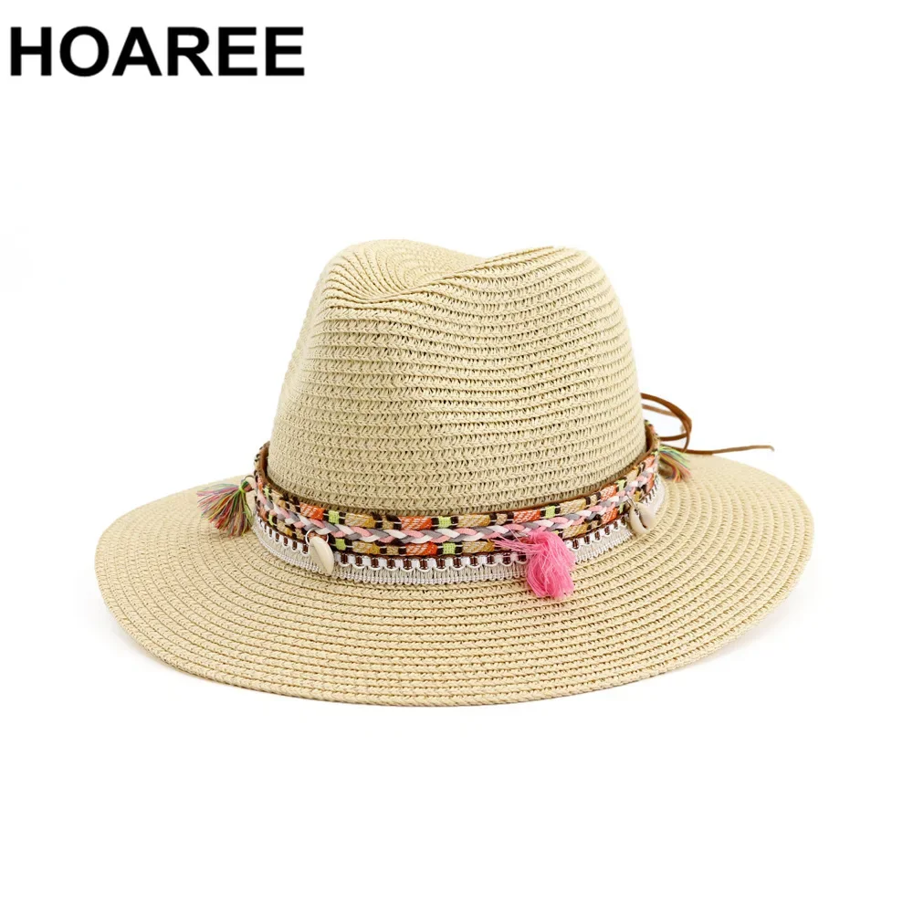 HOAREE Straw Sun Hat White Panama Hat Beach Womens Summer Caps Sombrero Female Fedora Casual Ladies Chapeau