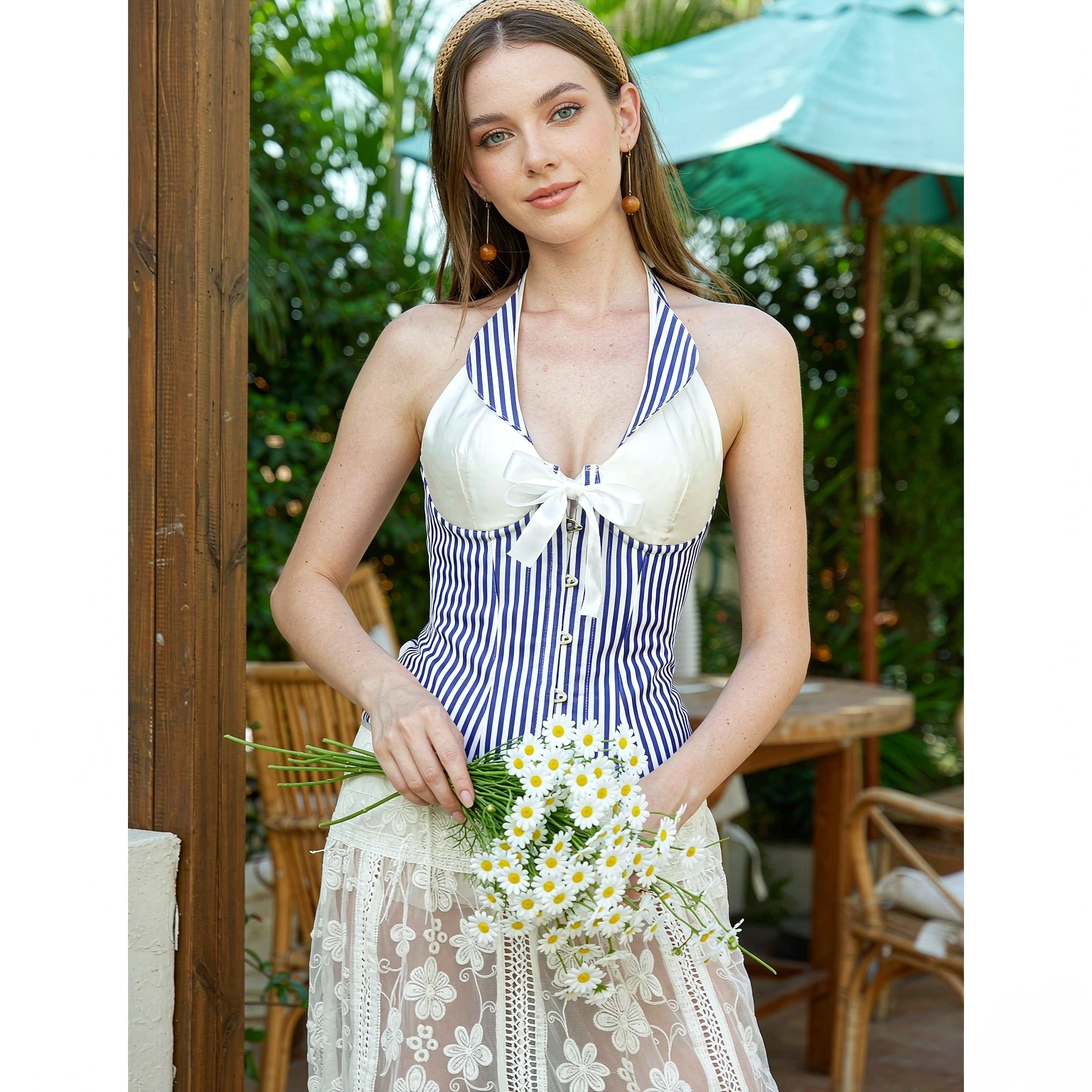Retro Blue White Striped Halter Corset Bustier Top Boned Front Button Vintage Shapewear Party Clubwear Ladies Fashion Look
