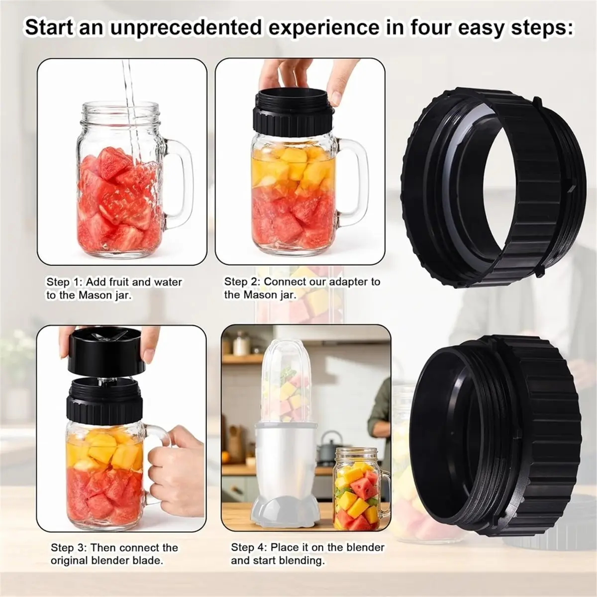 Multi-use Gear Blender Adapter for Wide-Mouth Jar with Silicone Sealing Ring, Fits 16oz, 32oz, 64oz Jars