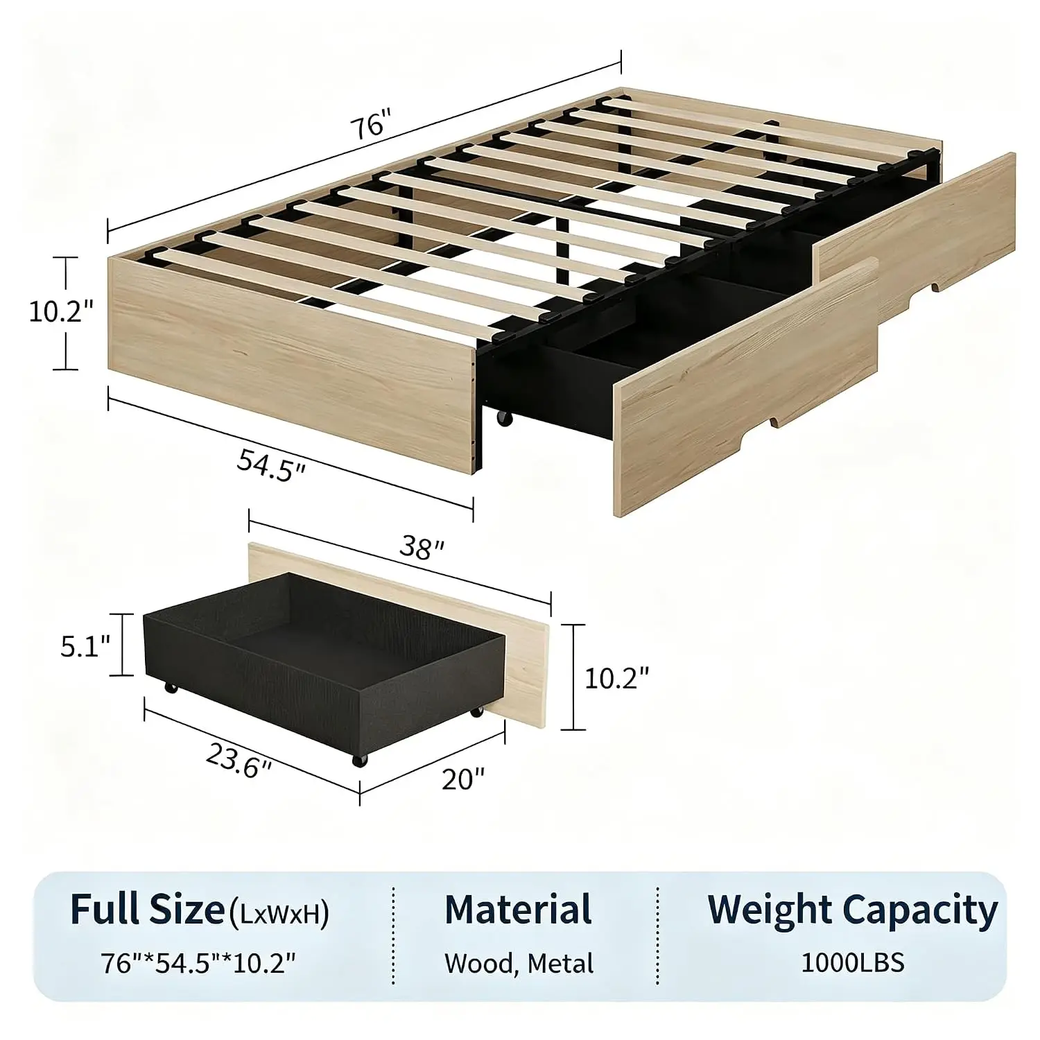 Full Bed Frame with 2 Storage Drawers,Wooden Floor Bed Frame