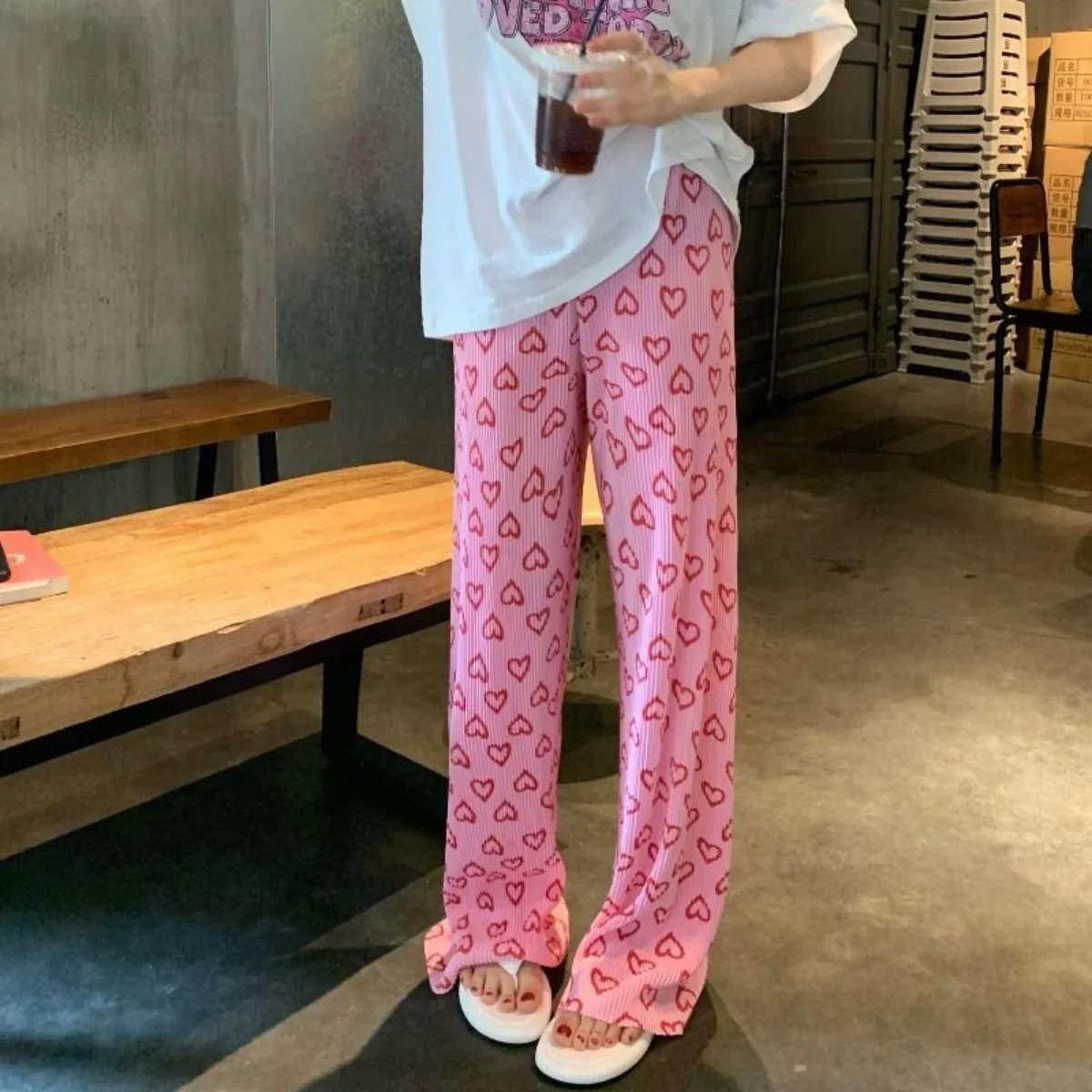 Chic Pink Print Folds Long Pants Elastic High Waist Wide Leg Pants Y2k Streetwear Casual Korean Fashion Summer Sweatpants Women