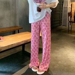 Chic Rosa Imprimir Dobras Calças compridas Elastic cintura alta Wide Leg Pants Y2k Streetwear Casual Coreano Moda Verão Sweatpants Mulheres