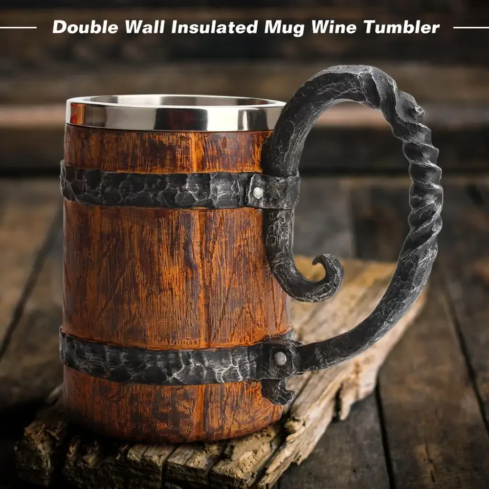 Viking Wood Style Beer Mug Simulation Wooden Barrel Beer Cup Double Wall Drinking Mug Metal Insulated 1PCS Bar Drinking кружка